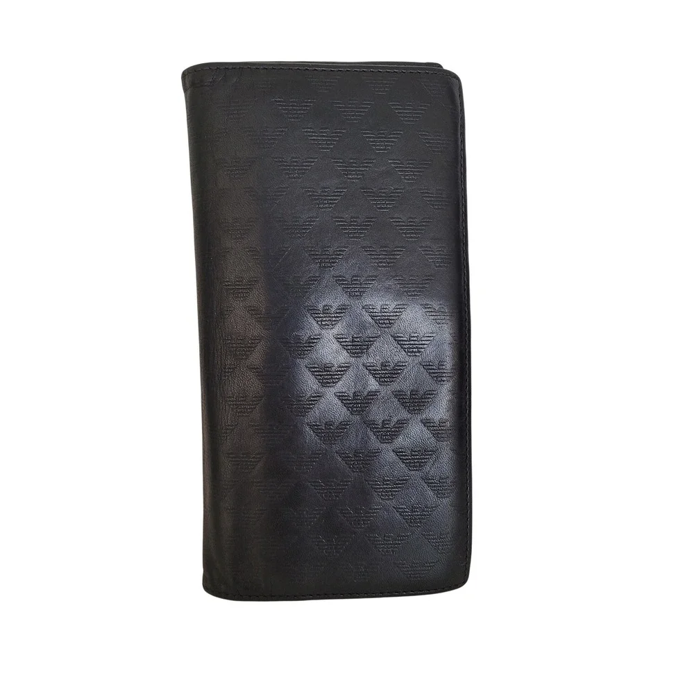 Emporio Armani Black Leather Long Bifold Wallet Embossed Eagle Logo Italy